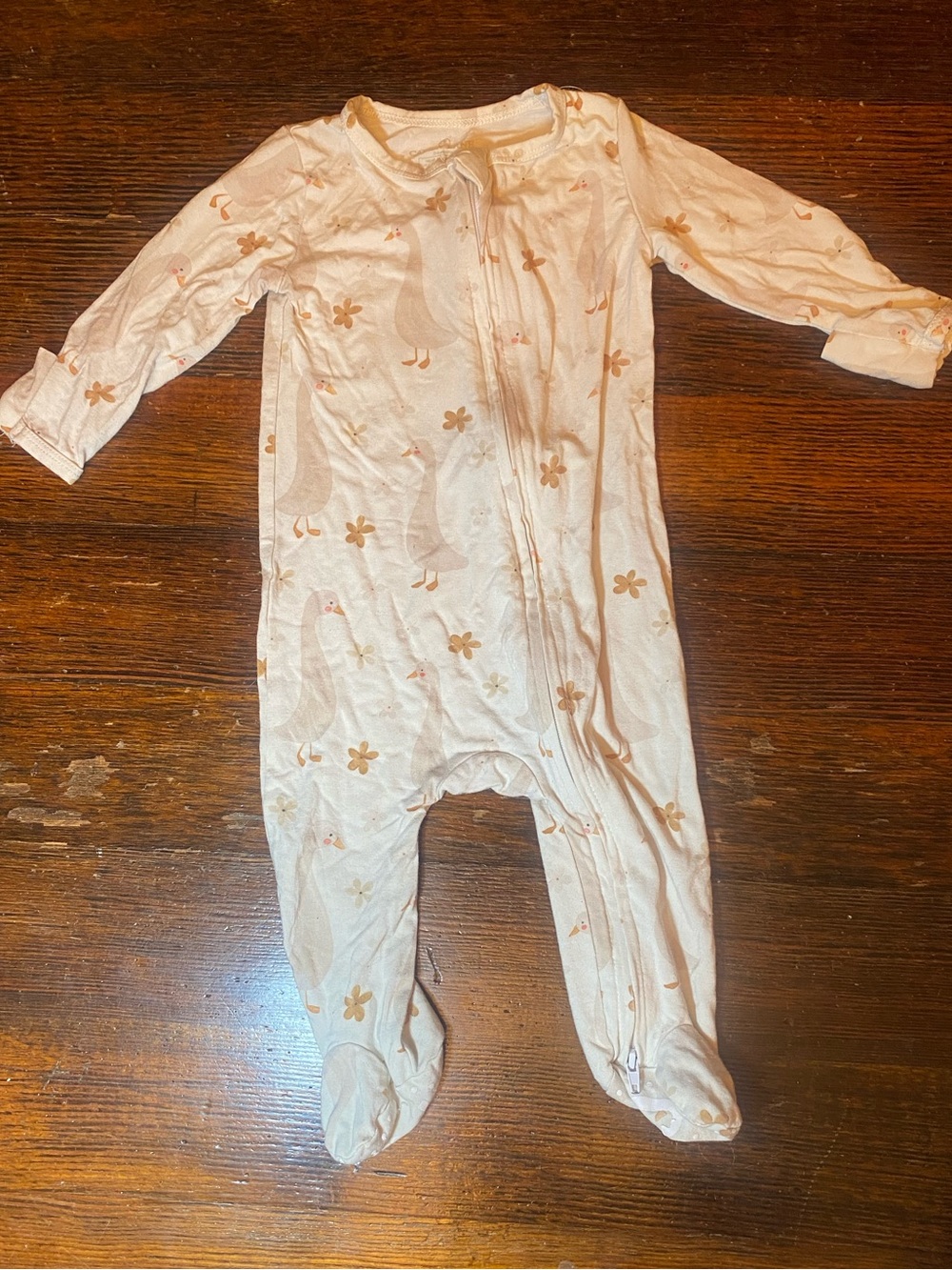 VGUC Caden Lane Neutral Floral Goose Print Footed Bamboo Zippy One-Piece